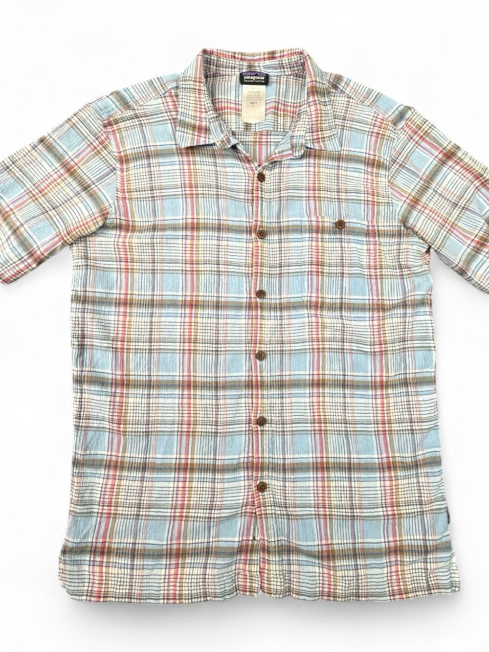 Patagonia Men's L Blue Plaid Seersucker Organic Cotton Shirt